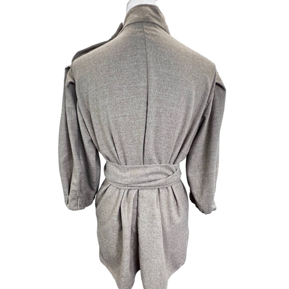 Zara Top Tan Size M Belt Tie Wool Blend Balloon Sleeve Mock Neck Buttons Blouse - Picture 9 of 11